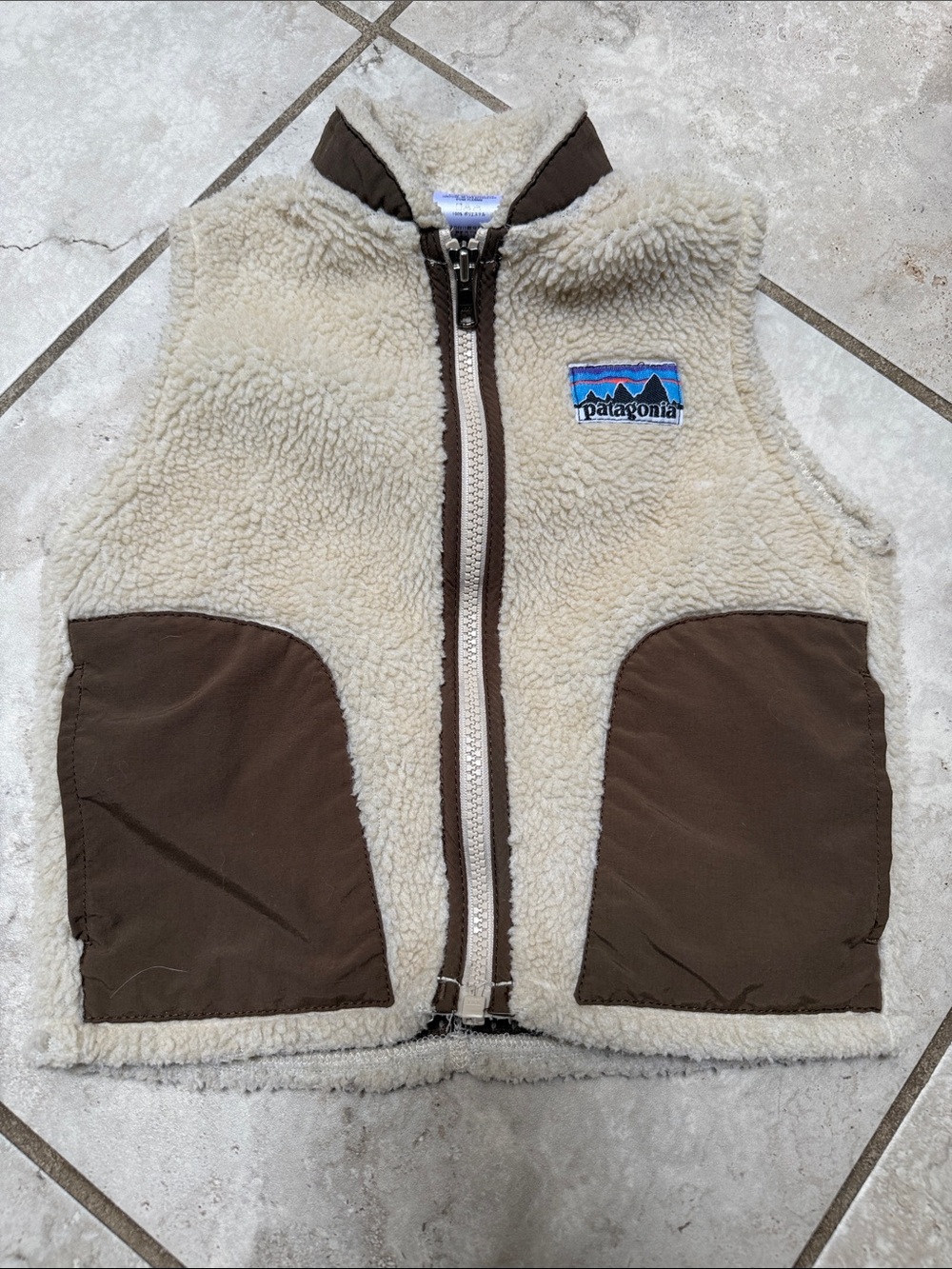 Patagonia Kids Cream Sherpa Vest with Brown Trim